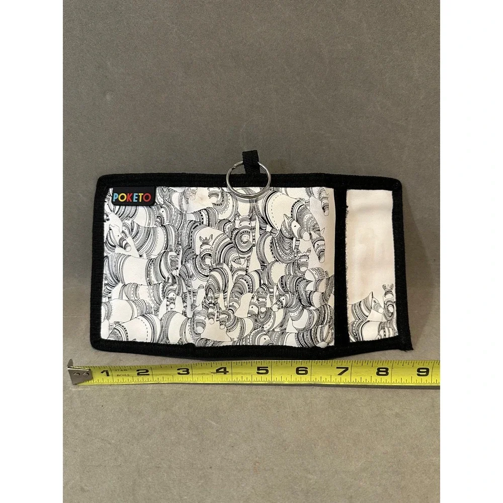 Poketo Zebra Print Tri-Fold Wallet Black White‎ Hook Loop Closure with Key Ring